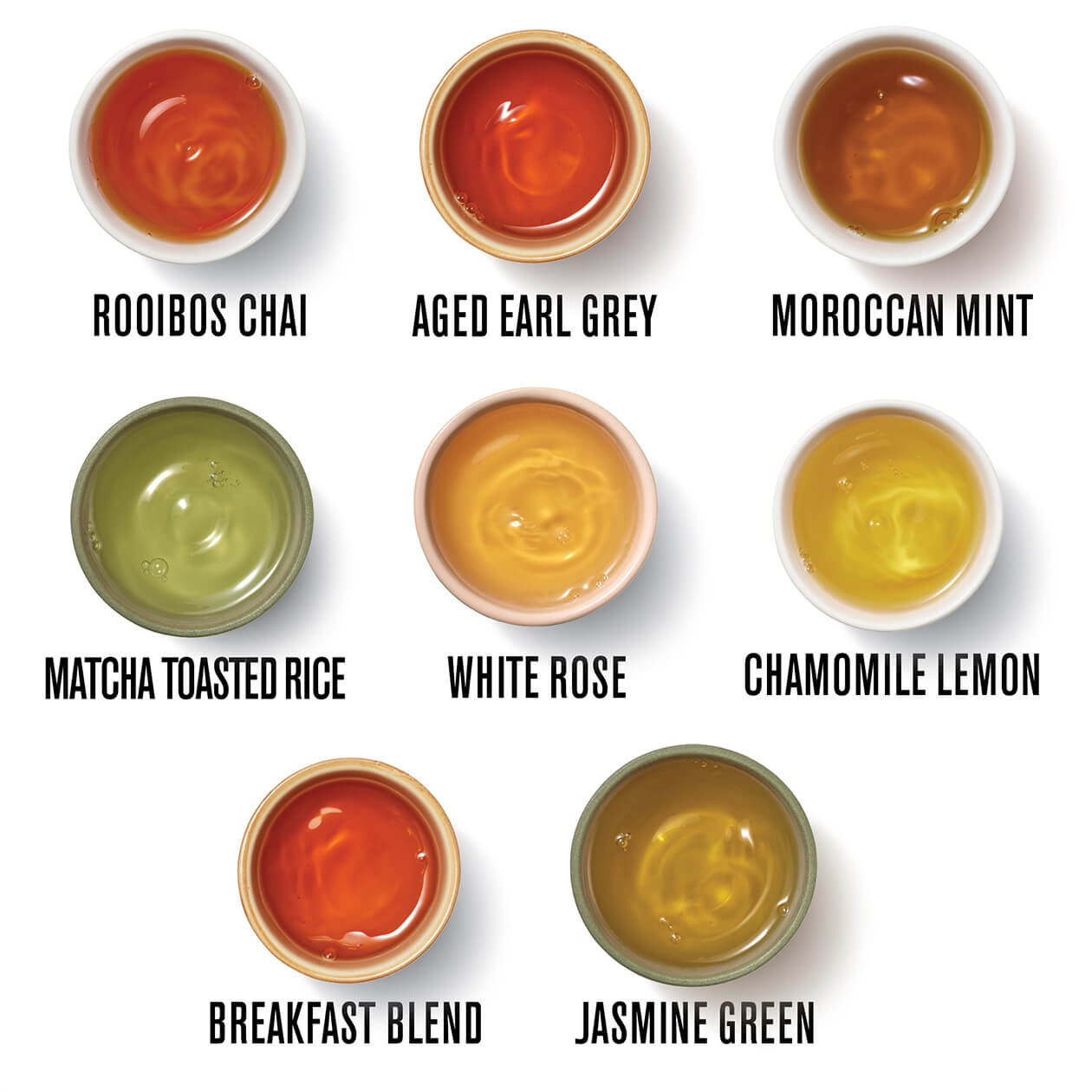 A brewed cup of tea for each type of tea included in the Mini Sampler