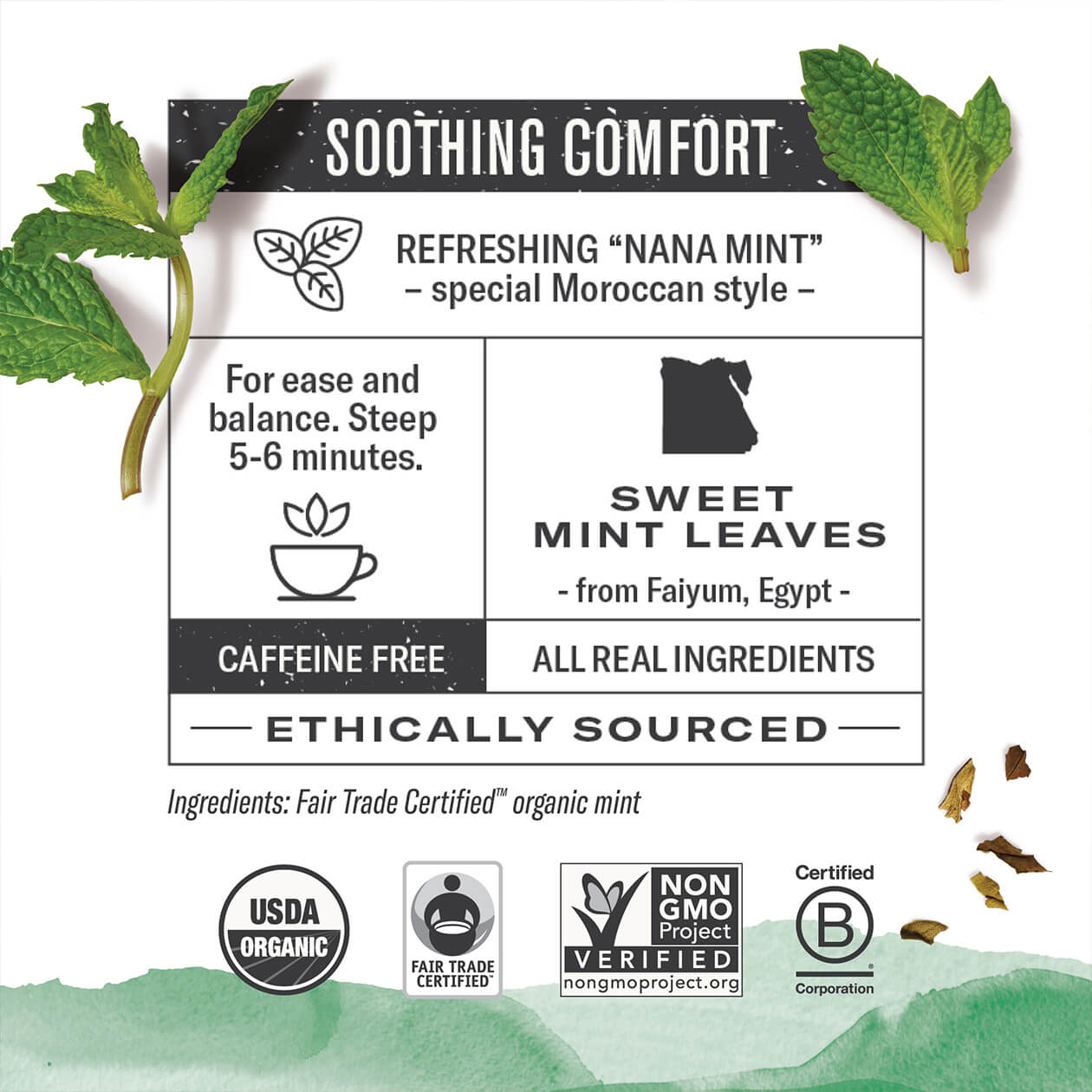 Infographic about Moroccan Mint: steep 5-6 minutes, origin: Faiyum Egypt, caffeine free, all real ingredients, ethically sourced