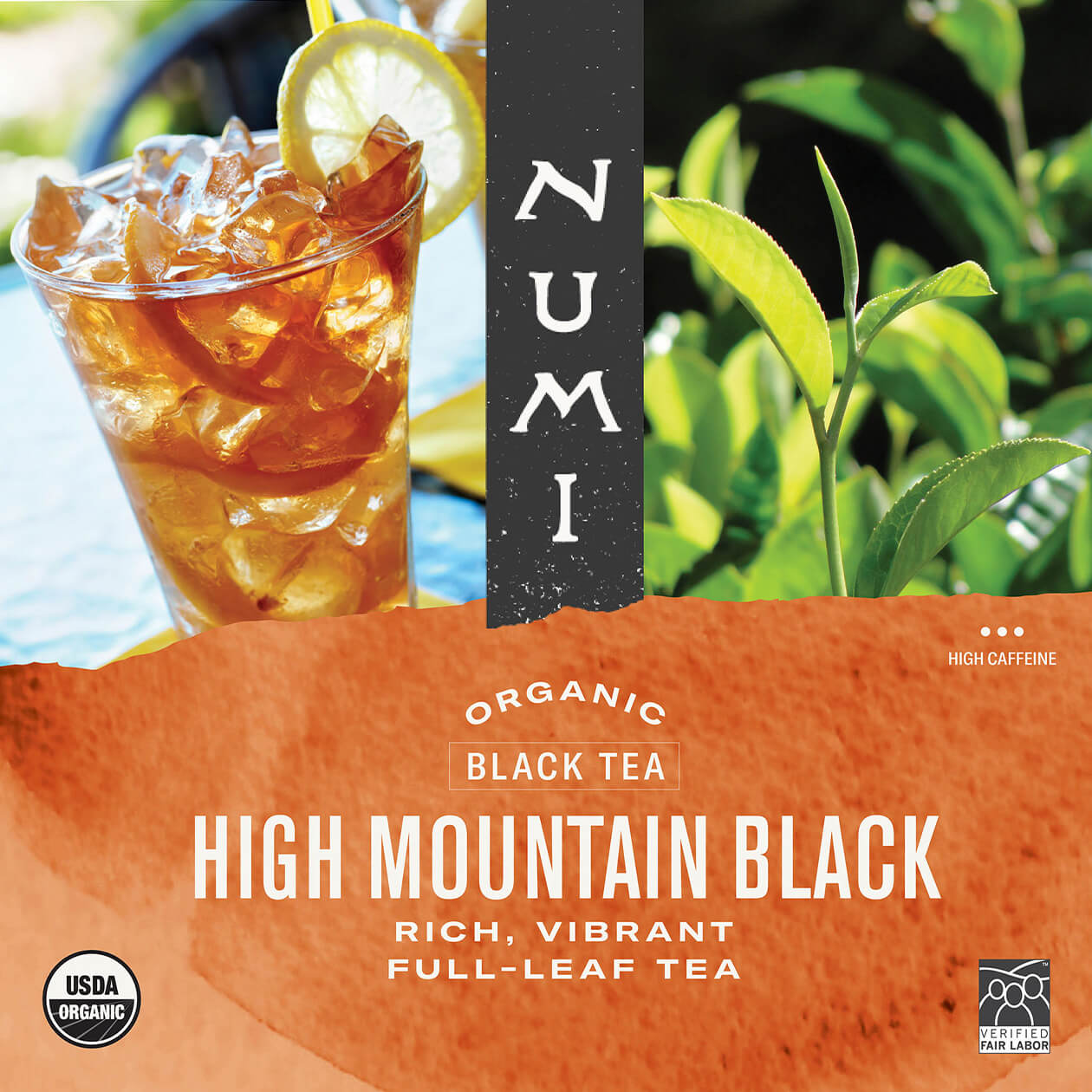 High Mountain Black Iced Tea label, organic and high caffeine, with images of iced tea and pure tea leaves