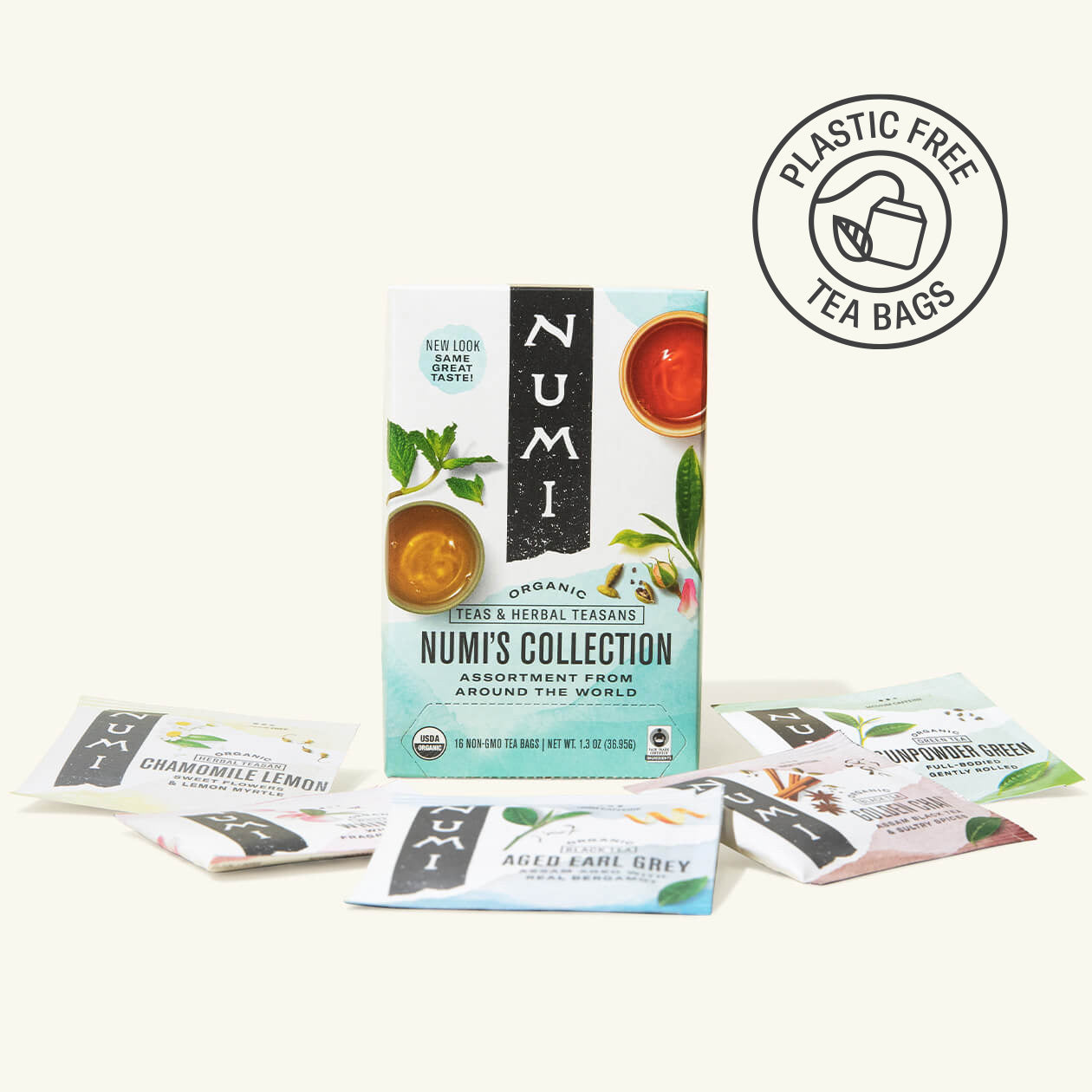 Numi tea bags packaging with a plastic-free logo on a white background