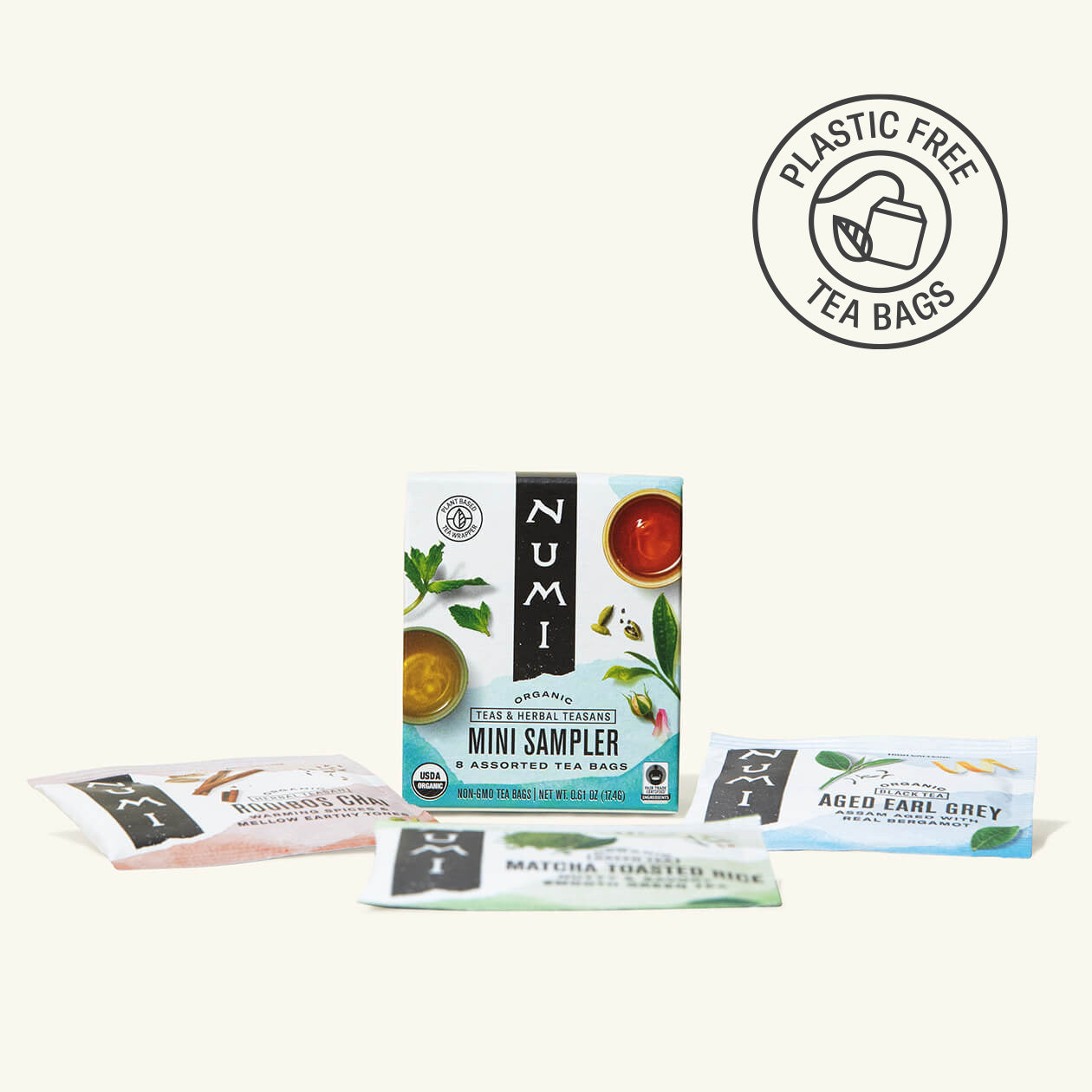 Numi tea bags packaging with a plastic-free logo on a white background
