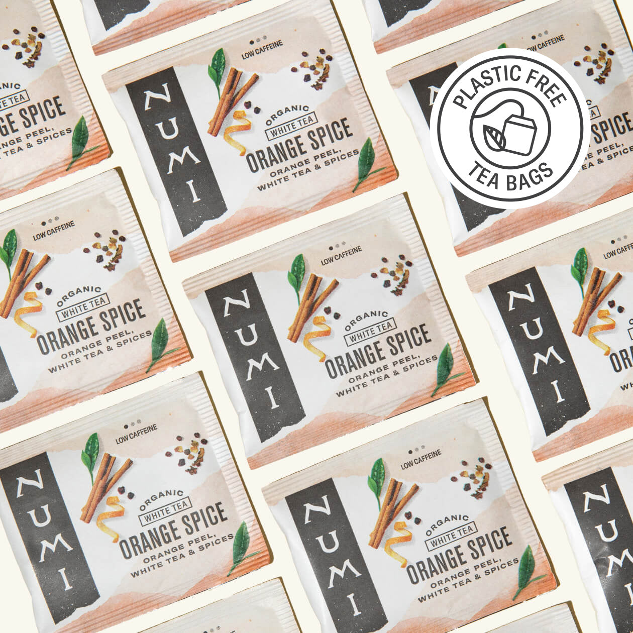 Numi Orange Spice tea bags with a plastic-free logo.