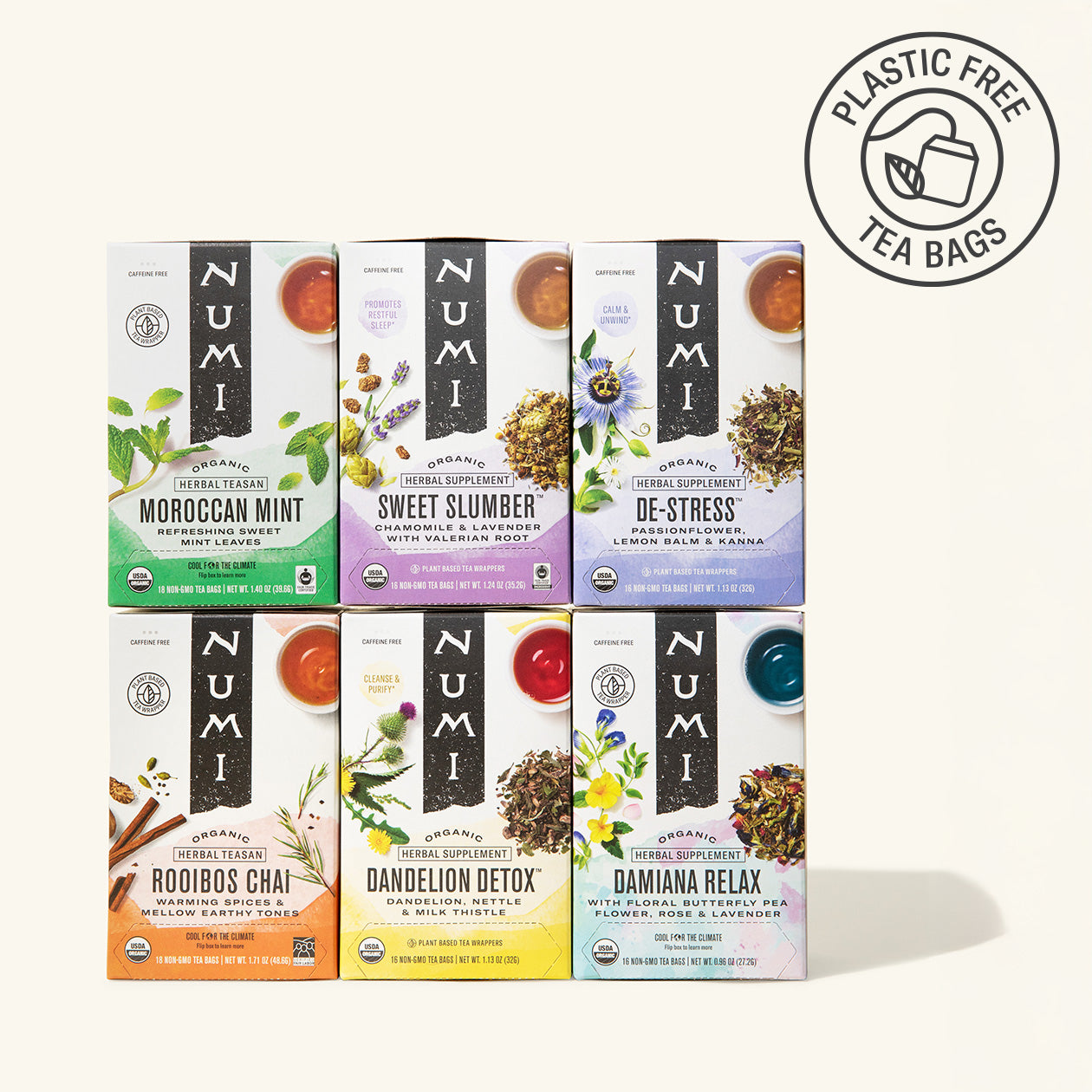 Numi tea boxes with various flavors and a plastic-free logo on a white background