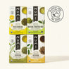 Four Numi tea boxes with different green tea varieties on a white background, featuring a plastic-free logo.
