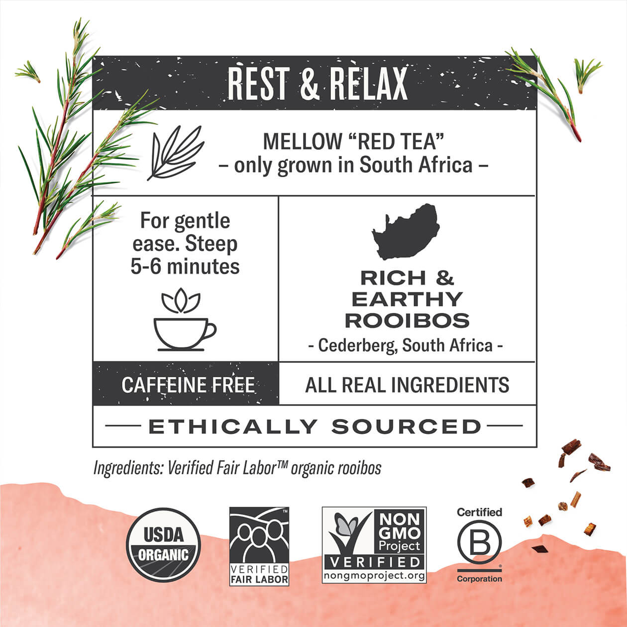 Infographic about Rooibos: steep 5-6 minutes, origin: Cederberg South Africa, caffeine free, all real ingredients, ethically sourced