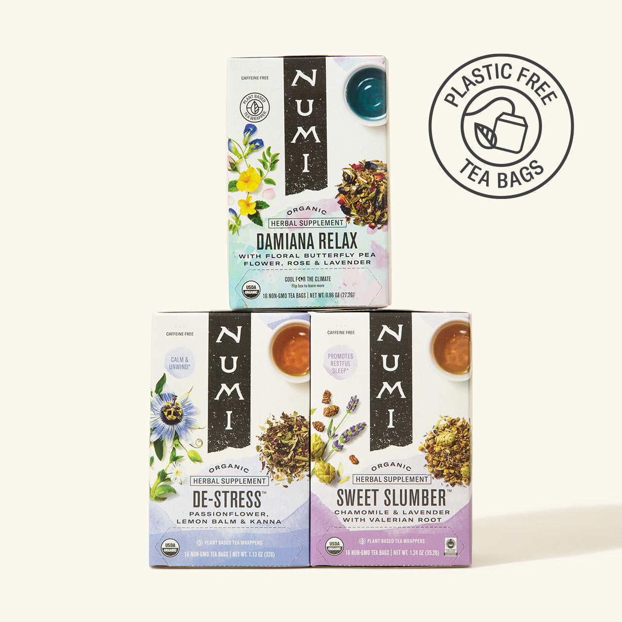 Three Numi tea boxes for Damaiana Relax, De-Stress, and Sweet Slumber on a white background.