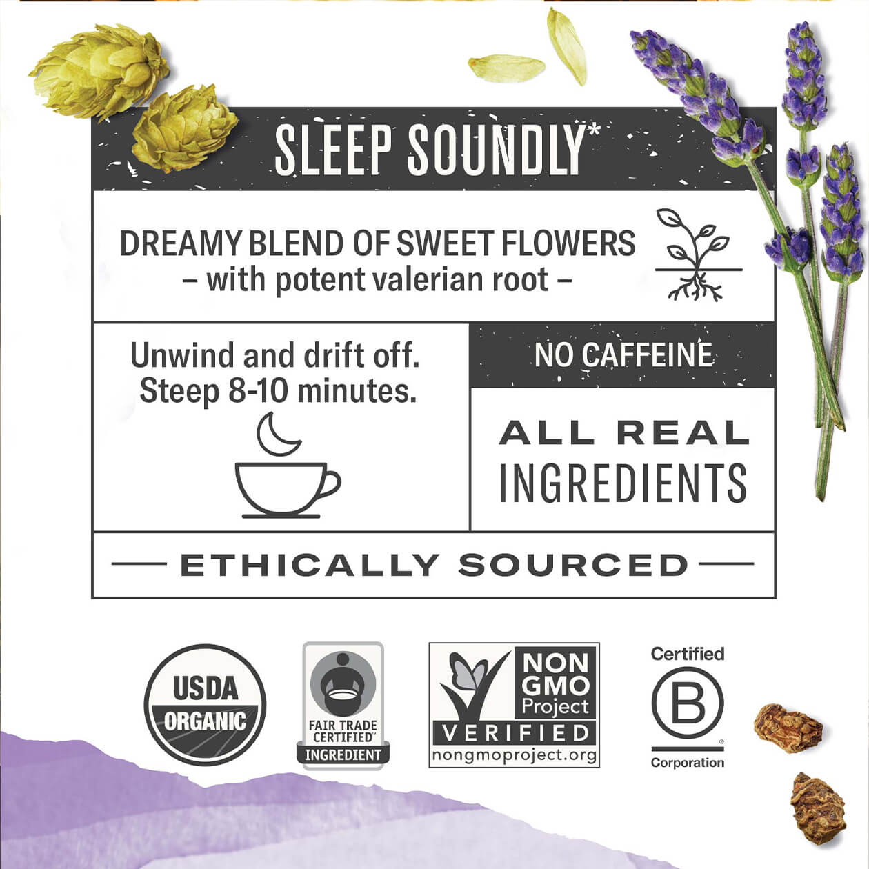 Infographic about Sweet Slumber: steep 8-10 minutes, caffeine free, all real ingredients, ethically sourced