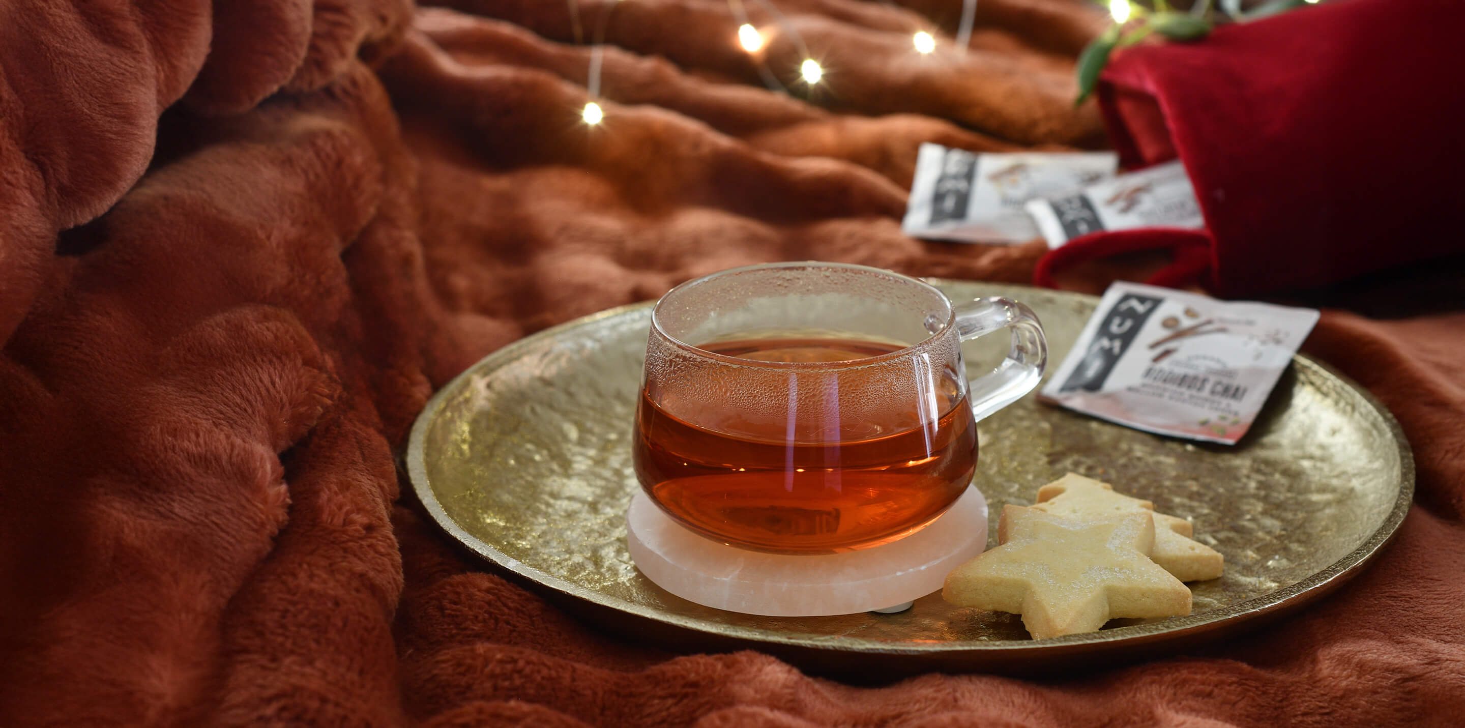 Cup of tea on a gold tray with cookies on a warm, cozy blanket.