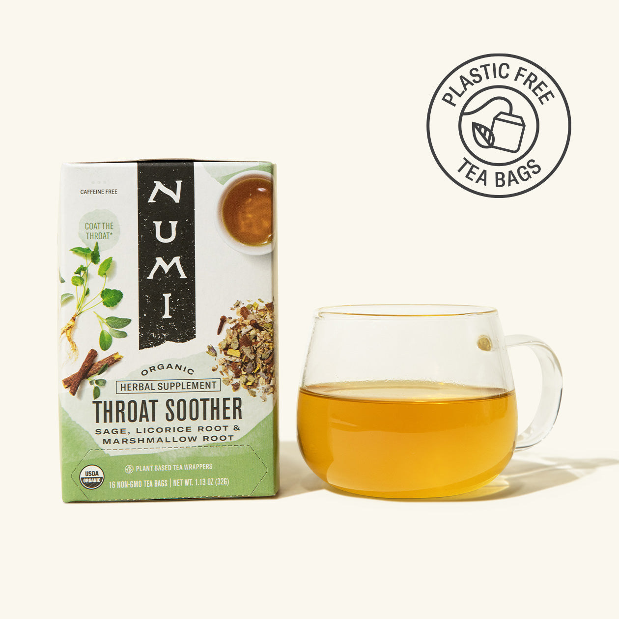 Numi Organic Throat Soother tea box with a glass of tea on a white background