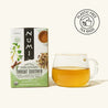 Numi Organic Throat Soother tea box with a glass of tea on a white background