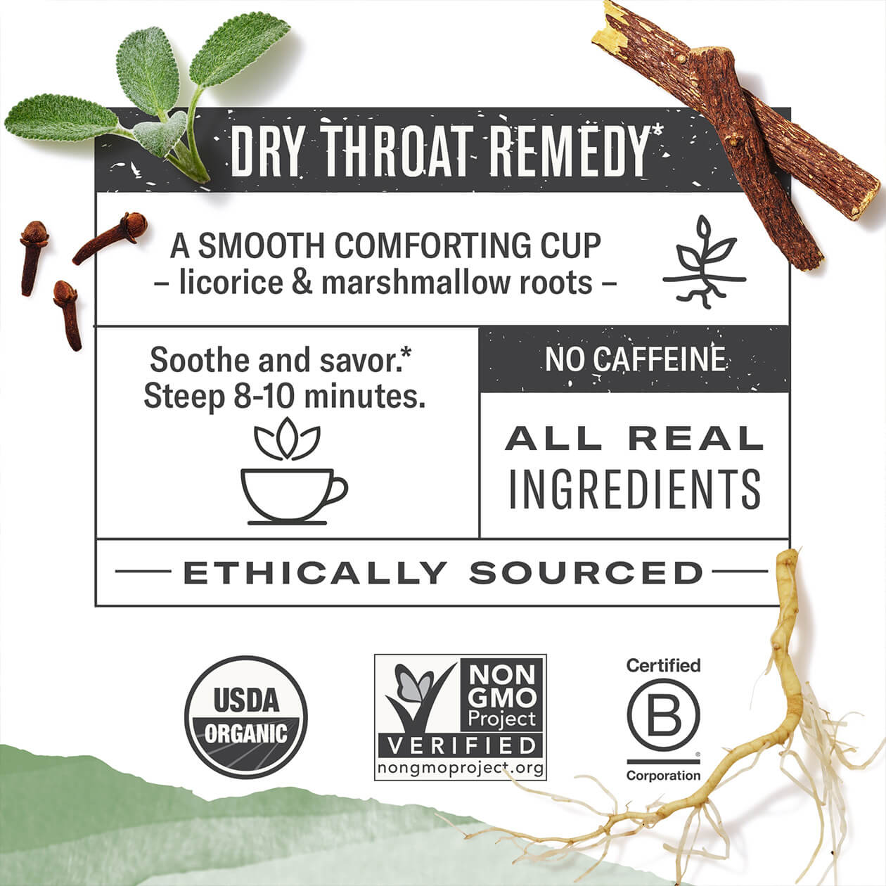 Infographic about Throat Soother: steep 8-10 minutes, caffeine free, all real ingredients, ethically sourced