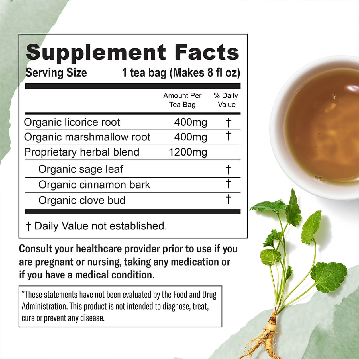 The supplement facts for Numi's Throat Soother dietary supplement tea
