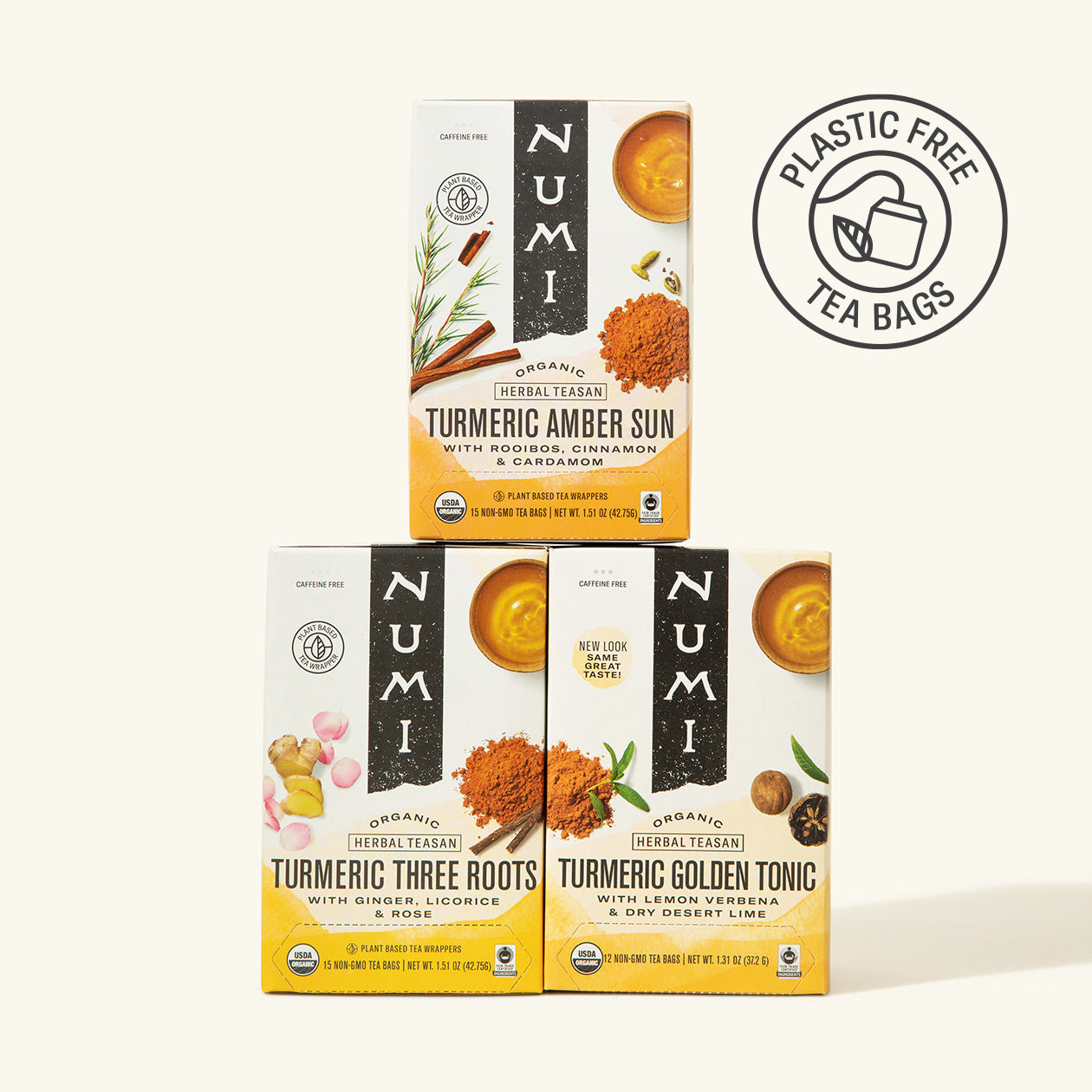 Numi Turmeric tea boxes on a white background with a plastic-free logo.