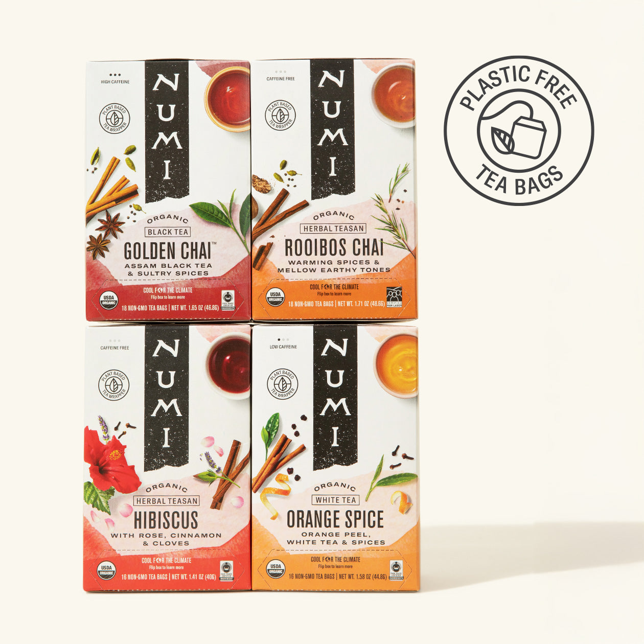 Four Numi tea boxes with a plastic-free logo on a white background