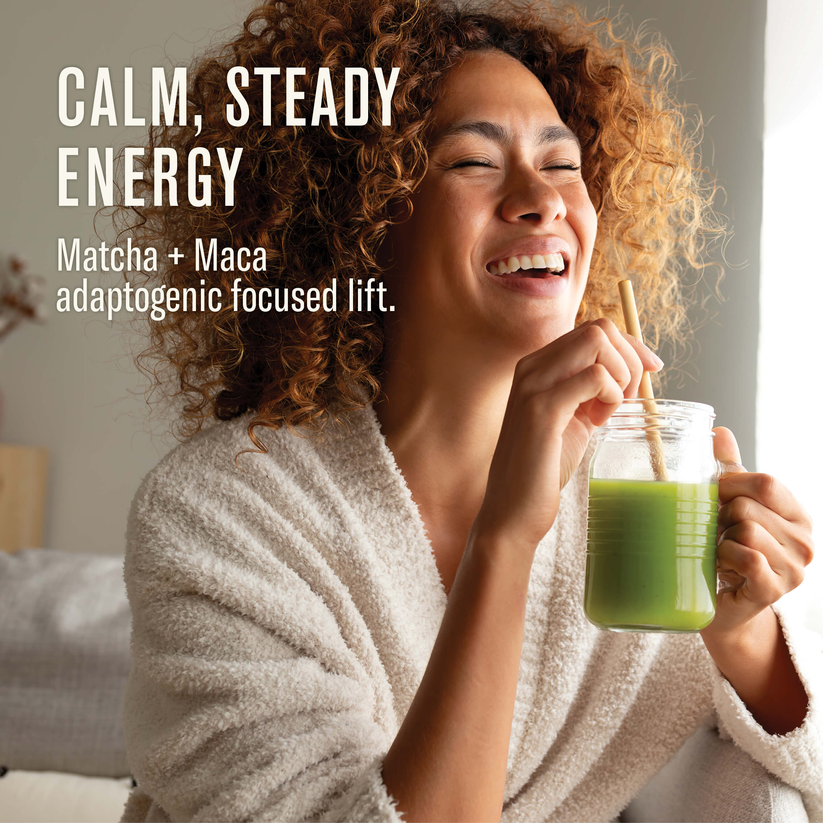 Woman in a robe drinking a green smoothie with text about matcha and maca energy.